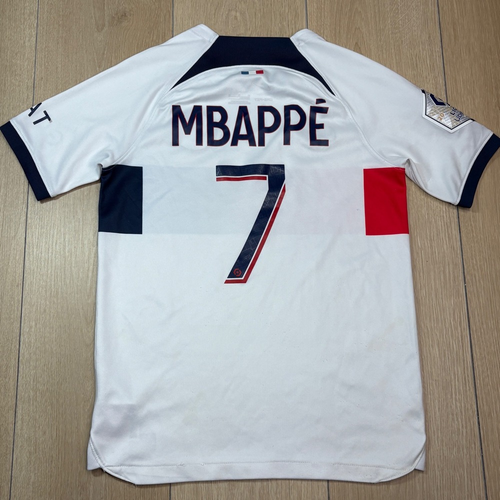 Nike PSG 2023-24 Away Jersey Kids Youth Medium Kylian Mbappe 7 White Soccer